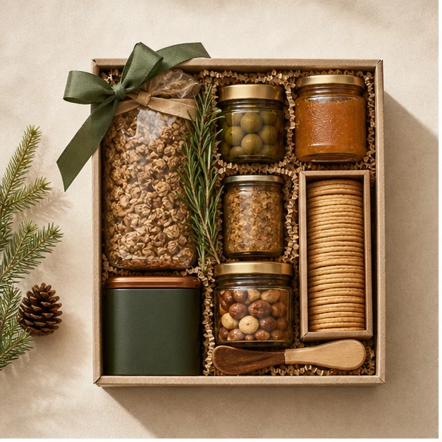 Hudson Pantry gift box with preserves, crackers, and linen