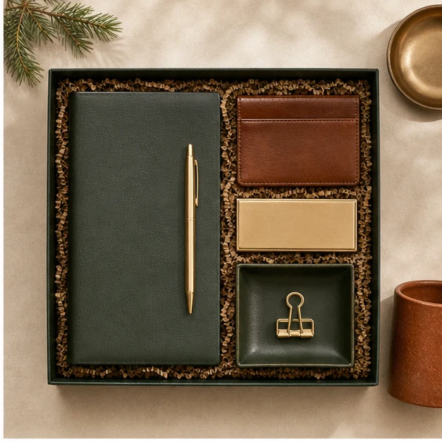 Executive desk gift set with leather notebook and brass pen