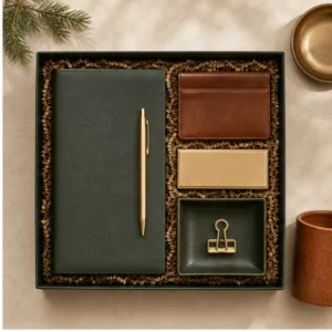 Desk gift set with leather notebook, brass pen, and catchall