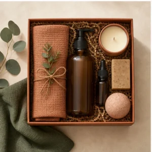 Wellness gift box with candle, towel, bath salts, and tea